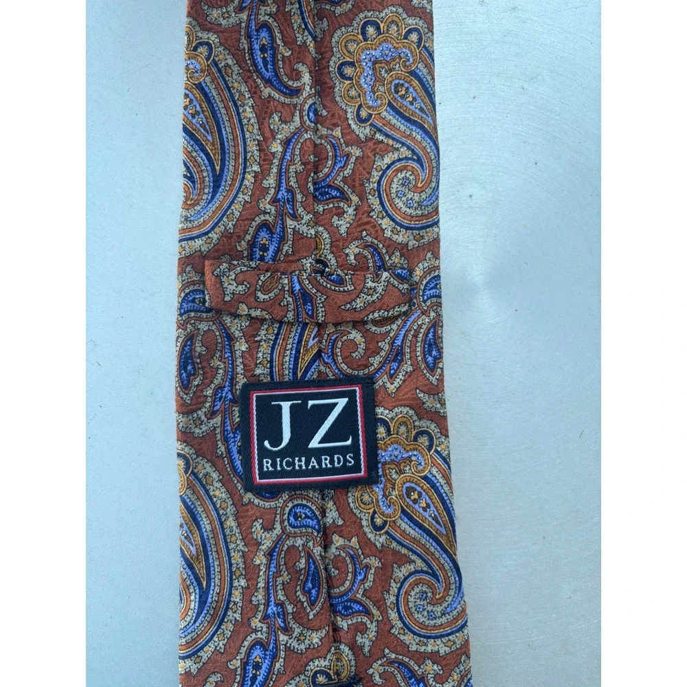 JZ Richards Mens Silk Paisley Necktie Burnt Orange Blue Hand Made‎ in USA